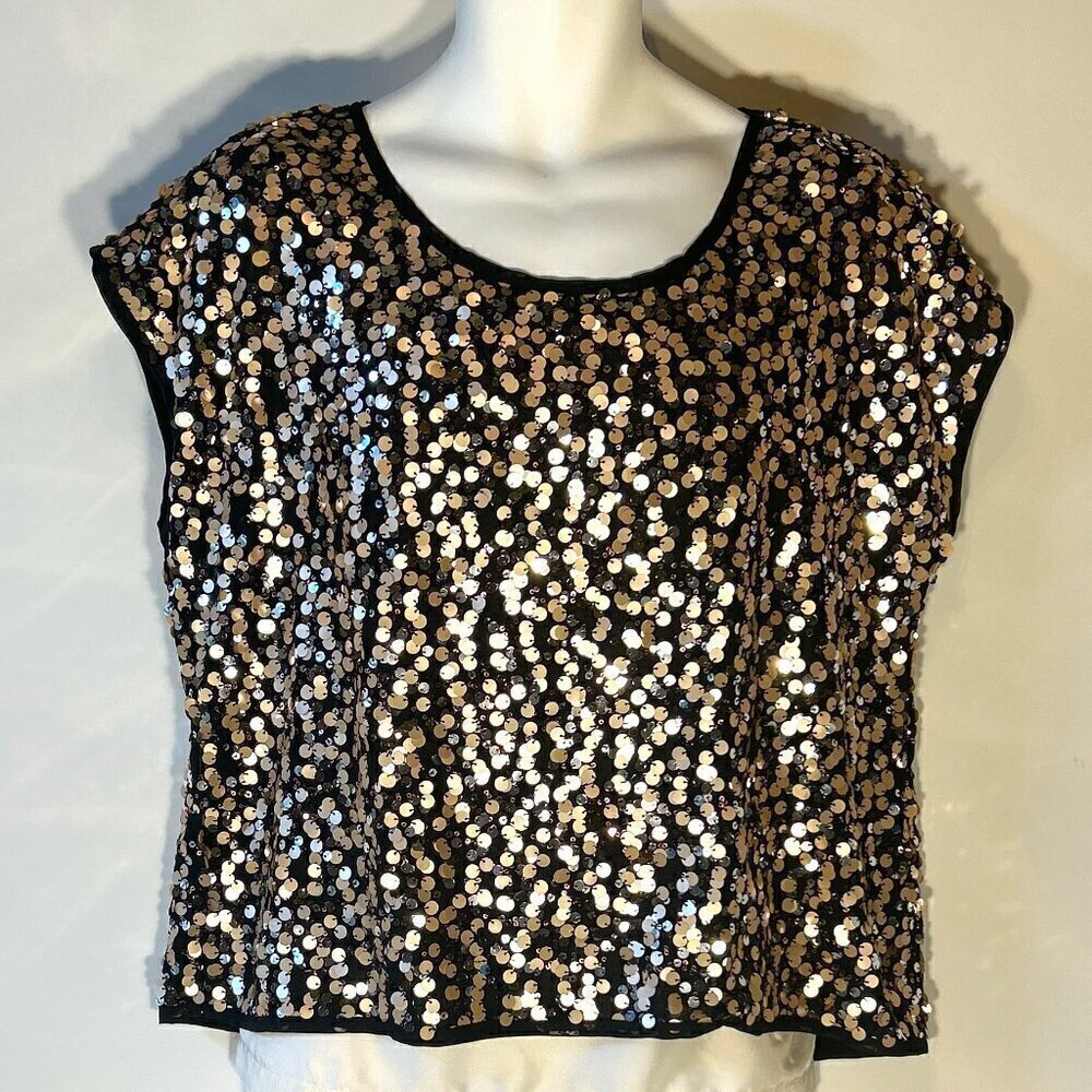 Jennifer Lopez SZ L Black Copper Sequin Top Dressy Formal Party Boxy Club Retro